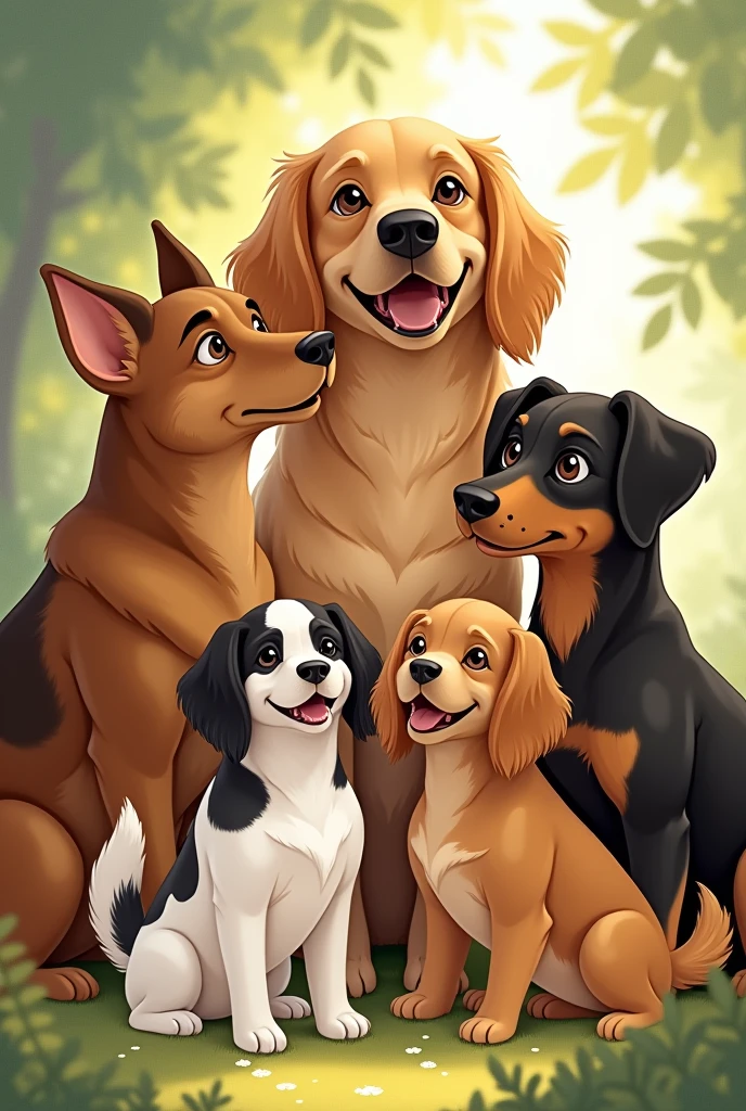 An illustration of a girl with four dogs. I will give you the order of height of the dogs. 1. The largest is a hairy honey-colored dog, similar to the Golden Retriever breed. 2. The dog is a little smaller than the large one, it is chocolate-colored and similar to a German Shepherd. 3. The dog is brown with a mix of stray browns. 4. The smallest dog has Chinese fur, it is white with black spots.