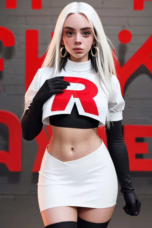 The face of billie eilish, 1girl, solo, team rocket,team rocket uniform,white skirt,red letter R,crop top,black thigh-highs,black elbow gloves, earrings, large breasts, 
