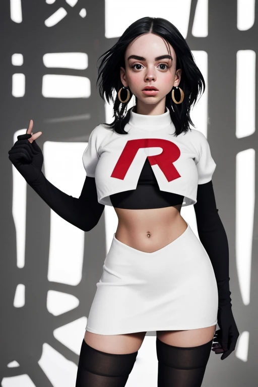 The face of billie eilish, 1girl, solo, team rocket,team rocket uniform,white skirt,red letter R,crop top,black thigh-highs,black elbow gloves, earrings, large breasts,