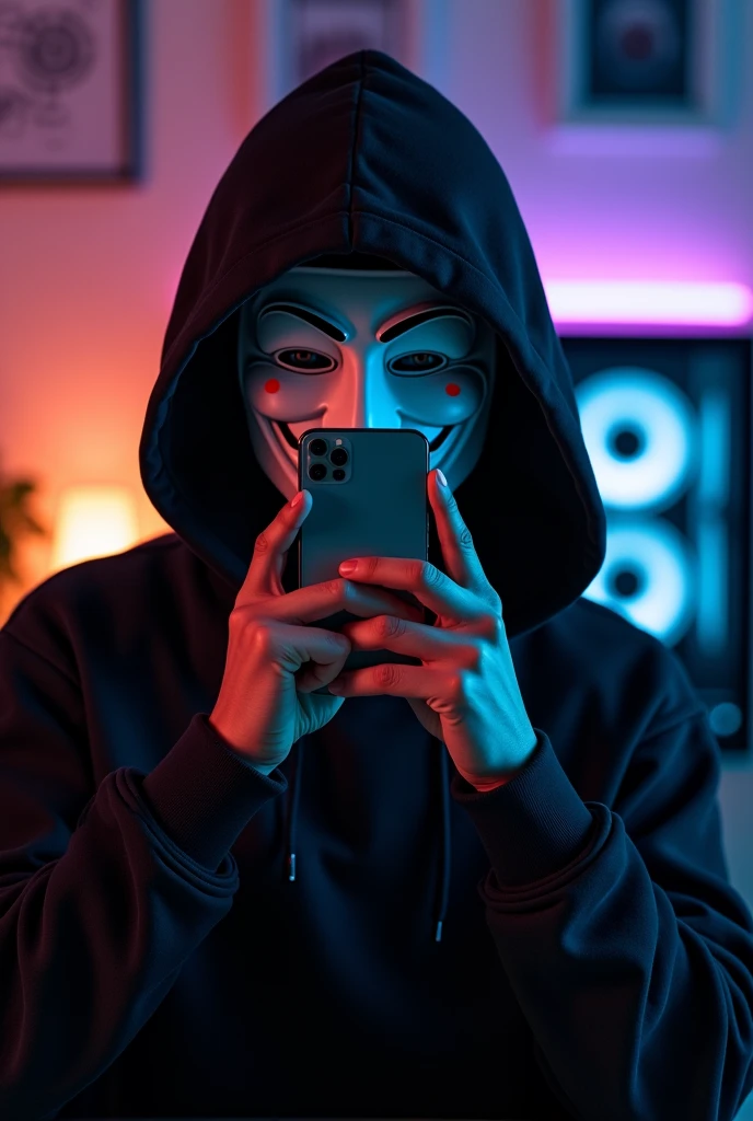 ((best quality)), ((masterpiece)), (detailed), a boy holding IPhone pro max, mirror selfie, wearing Guy Fawkes mask, wearing black hoodie.gamingroom.gaming PC with rtx4010.