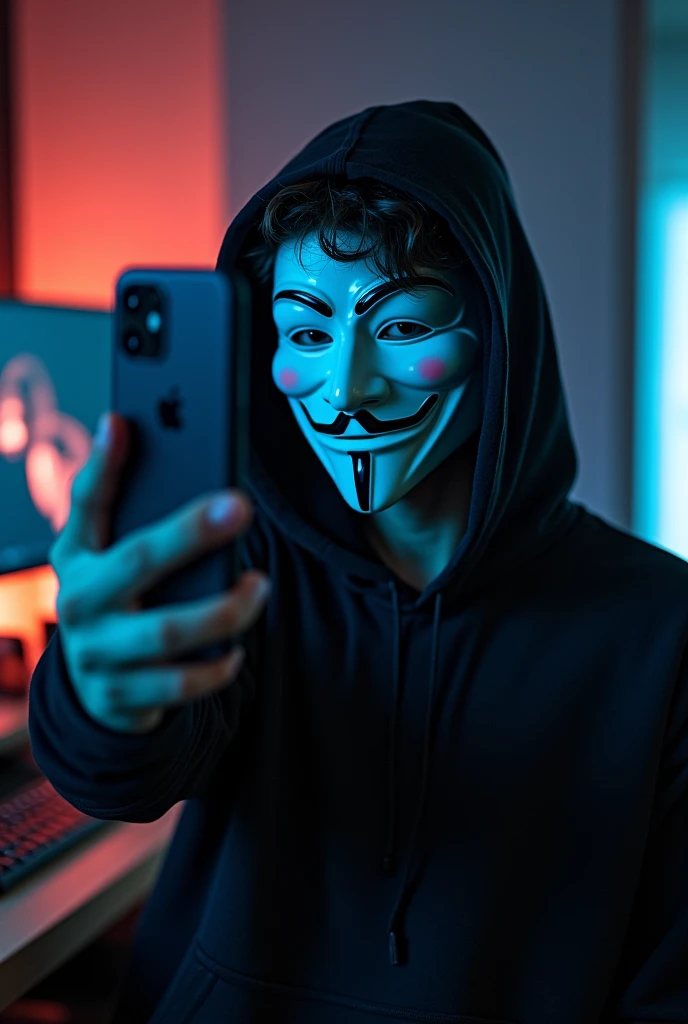 ((best quality)), ((masterpiece)), (detailed), a boy holding IPhone pro max, mirror selfie, wearing Guy Fawkes mask, wearing black hoodie.gamingroom.gaming PC with rtx4010.