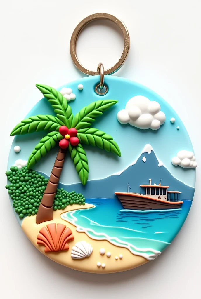 beautiful rubber keychain, with coconut tree, Seashells, beachfront, big fishing boat, main stone mountain