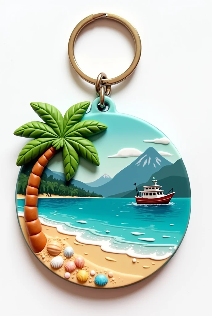 beautiful rubber keychain, with coconut tree, Seashells, beachfront, big fishing boat, main stone mountain