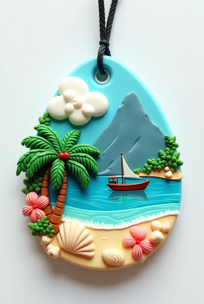 beautiful rubber keychain, with coconut tree, Seashells, beachfront, big fishing boat, main stone mountain