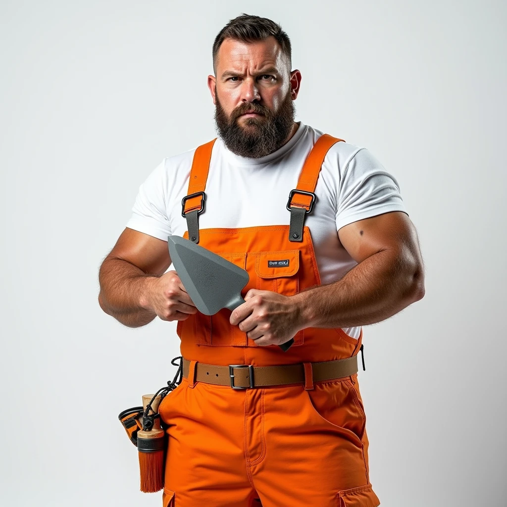 Brutal Man in White T-shirt and Orange Construction Overalls, holds a triangular construction spatula in one hand, in another one, an orange paint brush, Studio Photography, studio lighting, realistic skin texture and detail, the man stands slightly sideways, background white uniform
