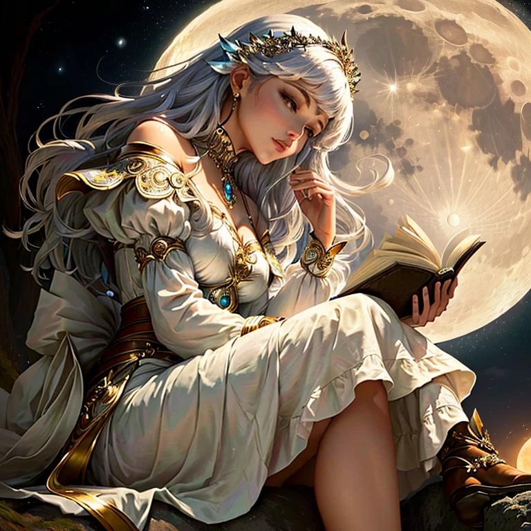 woman sitting on a rock reading a book in front of the moon, romantic storybook, fantasy, beautiful book fairy for adults, moon goddess, ☁🌪🌙👩🏾, I&#39;m reading a book about love, Dramatic spell book reading pose, beautiful girl, магический реализм и темное fantasy, The Art of the Storybook, Realism in the style of &quot;fairy tale&quot;, a picture of beauty, Short story collection style