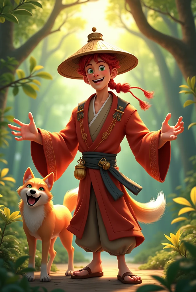 Adult male anime character with Chinese hat, brown robe, Laughter and a wolf next to him in the forest red hair with green eyes 3 adult
