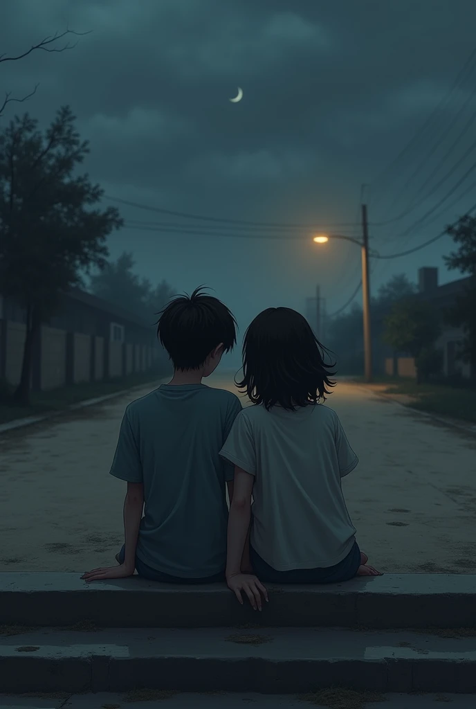 A boy and a girl sitting holding hands on high steps on a lonely dirt court with no houses at night and a cloudy sky and a street lamp in the background illuminating 