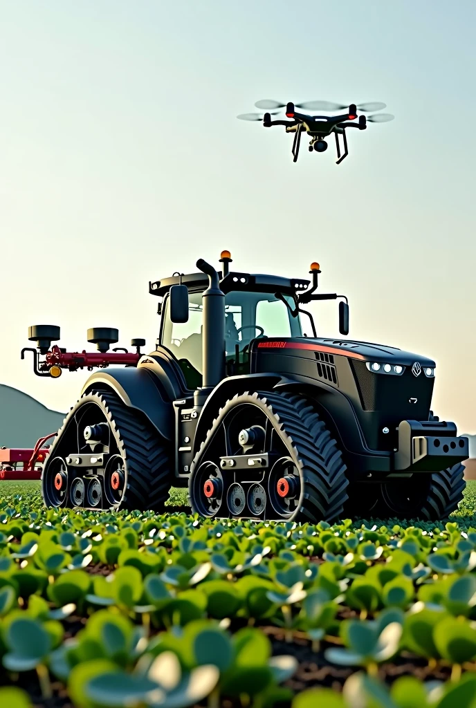 Create a tractor that contains Advanced Technology and mark the parts Cameras and Sensors: Mounted on different parts of the tractor to monitor soil and crop health. The cameras are located on the front and back, while sensors are integrated into the soil and implements.
drone: Flying over the field, Capturing aerial images and additional data.
digital interface: Tractor cab display showing maps, statistics and real-time data.
Specialized Implements:
Sowing de Cobertura Vegetal: The tractor is equipped with implements for sowing cover crops., which include a specialized planting system.
Irrigation Automation: The tractor is connected to an automated irrigation system, visible in the image with pipes and valves.
Hitch System:
Rear Hitch: Allows you to connect implements such as seeders and plows. In the image, is visible at the rear of the tractor.
Implementos de Sowing:
Seeder: Attached to tractor with sowing discs, Seeding pipes and compaction rollers visible at the rear.
Preparing the Land: The tractor is using a plow or cultivator to prepare the soil.
Sowing: The seeder attached to the tractor is sowing the seeds, showing seeding discs and pipes.
Monitoring and Adjustments: Sensors and cameras provide data to the operator, who adjusts the sowing parameters from the control panel.