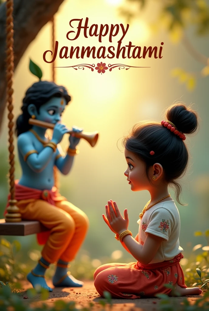 create a 3D realistic picture "A girl is worshiping Shree Krishna and Shree krishna is sitting on a swing and playing flute and "Evanshi" is written on the girl's t-shirts and the girl is worshiping and in the background "Happy Janmashtami" is written in bold font clearly, make sure everything should be correct