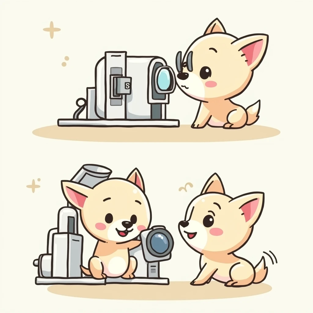 Chibi Style, 2-panel cartoon, dot halftone, Flat Color,Chihuahua undergoing eye ultrasound examination,Chihuahuas are cream colored,smile, 