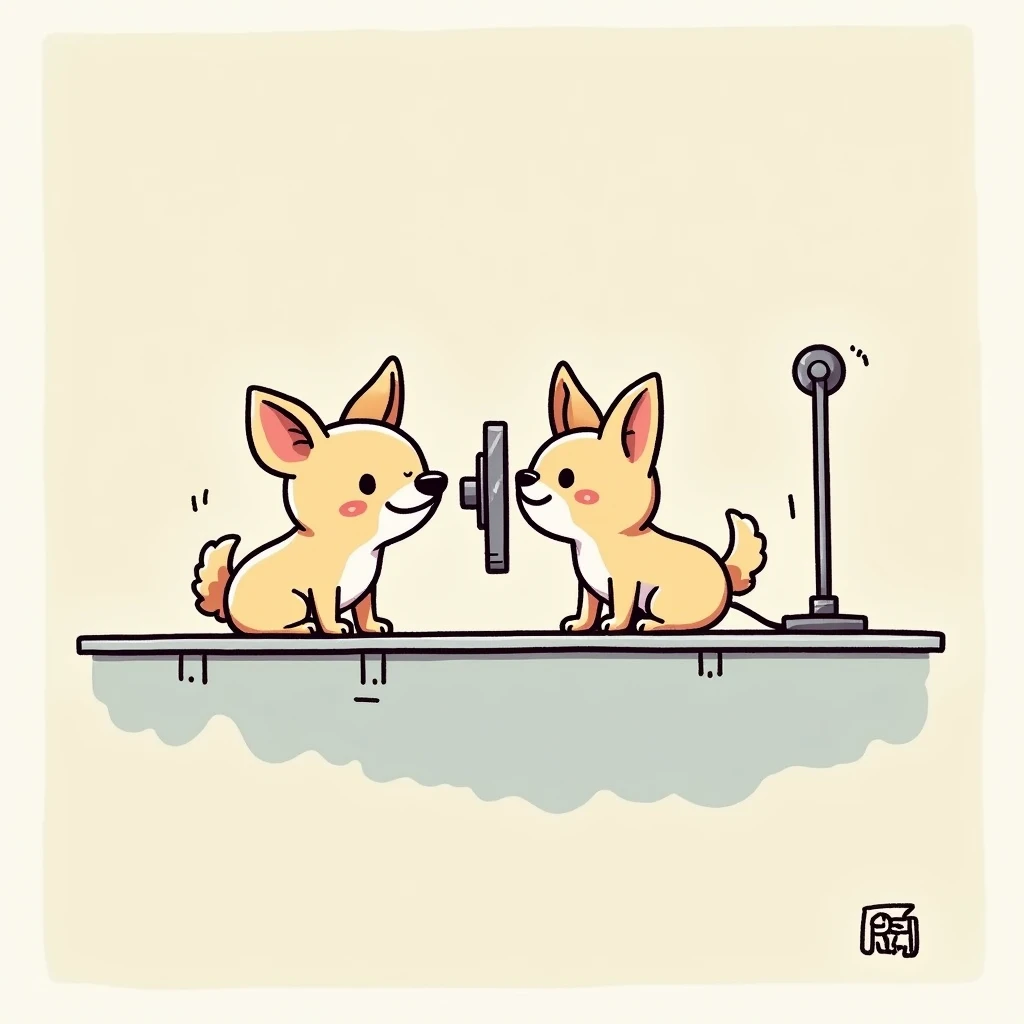 Chibi Style, 2-panel cartoon, dot halftone, Flat Color,Chihuahua undergoing eye ultrasound examination,Chihuahuas are cream colored,smile,