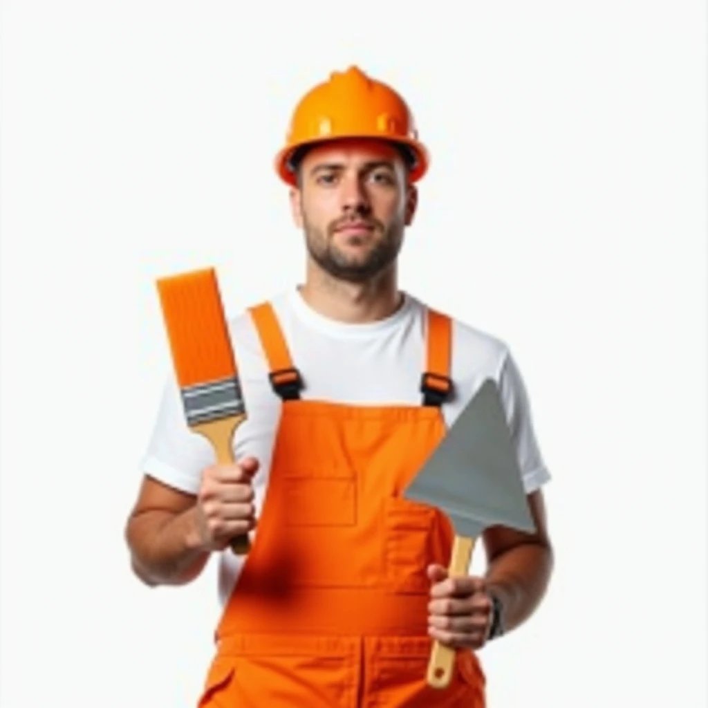 A man in a white T-shirt and orange construction overalls, holds a triangular construction spatula in one hand, in another one, an orange paint brush, Studio Photography, studio lighting, realistic skin texture and detail, the man stands slightly sideways, background white uniform
