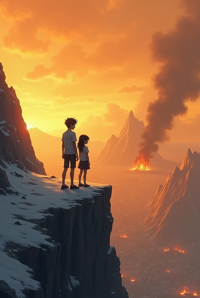 A boy and a girl on th extreme edge of mountai watching th destruction of the city below, saffron sky