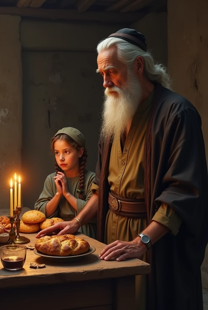 Rabbi with his daughter in front of two oil candles on Shabbat next to a table with food in ancient times
