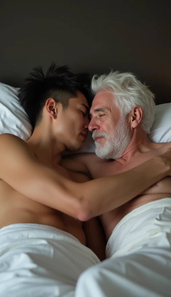 asian young man ,black hair, naked, in bed , touching the intimate part of another older white man with white hair , kiss and cuddle passionately.
