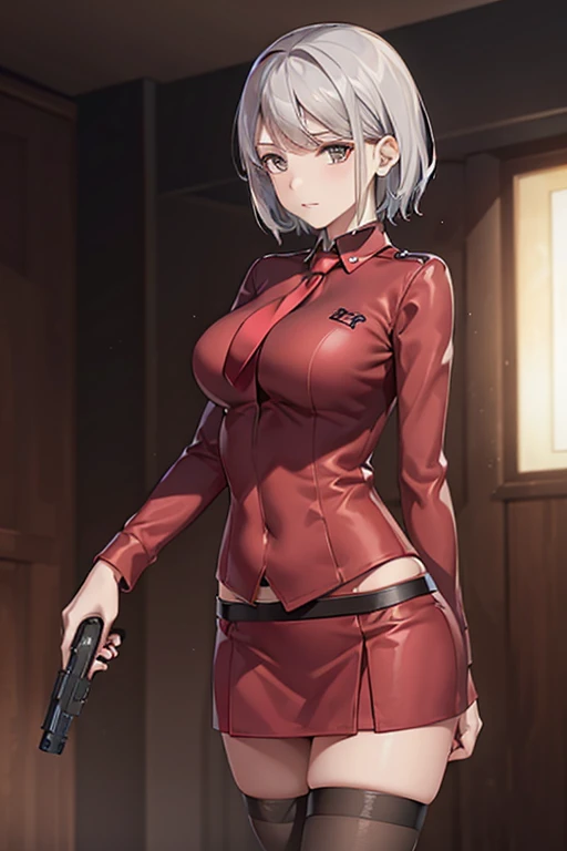 Highest quality、Ultra HD、One Woman、(Silver short hair)、(Red blazer 1.3)、(Red tie)、(shirt)、(Red Heel 1.1)、((Red Mini Tight Skirt))、((Black tights 1.2))、((1 Shooting a pistol in each hand.5))、Stylish、Beautiful Faces、(Black belt 1.2)、2 female、Glamorous Body、(Sunset slum background 1.2)、((A clear and beautiful touch))