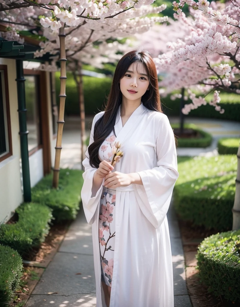 girl[Thai]Beautiful standing in the middle of the forest(The cherry blossom tree)In the thick fog, she wore an elaborate robe with embroidery inspired by nature. ((Turn your face slightly towards the camera.)) And hold(Bamboo walking stick) ผมยาวสีเข้มประดับด้วยกิ๊บติดผมอันประณีต ทอดยาวลงมาตามหลัง แสงอ่อนๆ ส่องผ่านThe cherry blossom tree สร้างบรรยากาศอันเงียบสงบและงดงาม