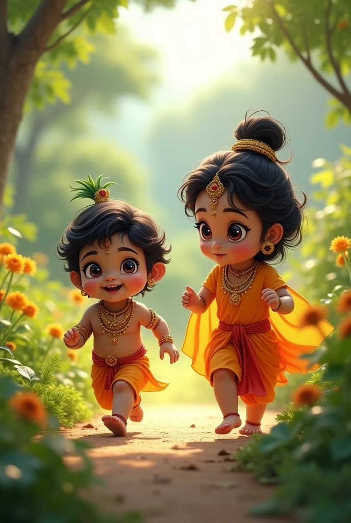 Make cute Krishna ji with yashoda maa running behind