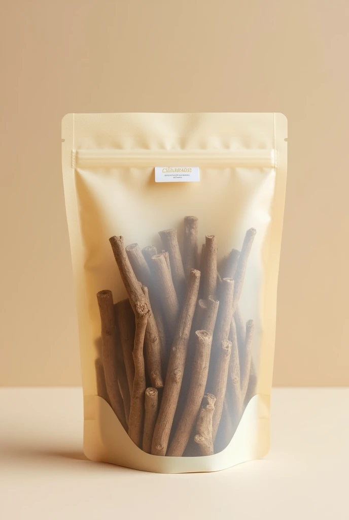 Make me a picture of a doypack bag filled with small twigs to eat