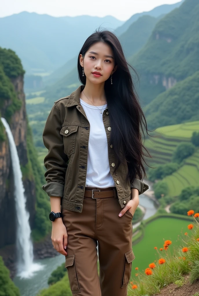Beautiful Korean girl, smooth white skin, well-groomed face, long black hair. Dark brown jeans jacket, white t-shirt, knee-length brown cargo pants, cool black watch, posing, on top of a very high mountain, in the background, visible from above is a river. flowing fast from the waterfall.. Trees, green and spacious rice fields, cliffs covered with moss and beautiful flowers, original photos,