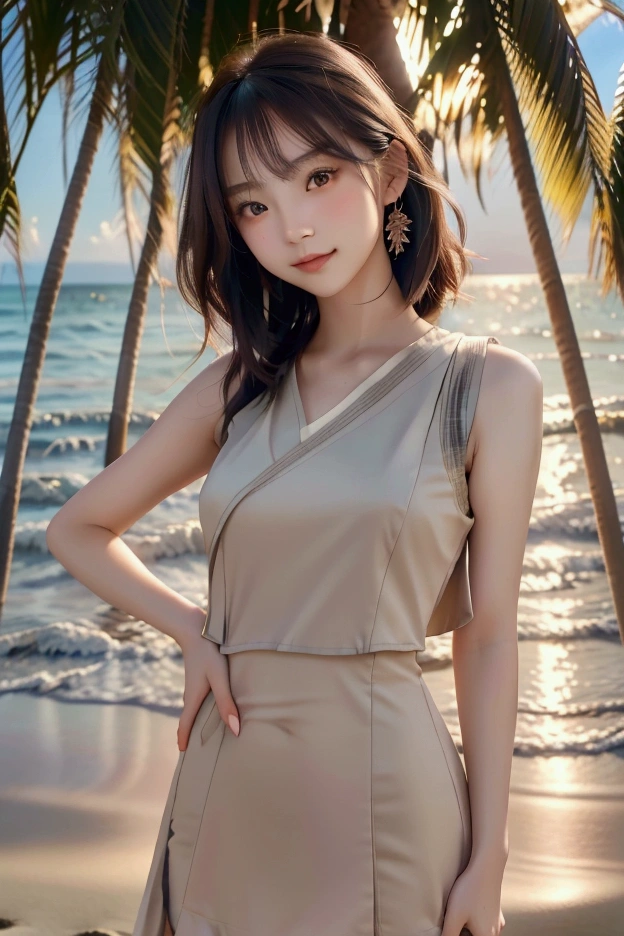 Highly detailed 8K photos of Japanese gravure models，Shoulder-length wavy hair and striking hazel eyes. She poses seductively on a tropical beach., Dress chicly, vest, mini skirt, The setting sun casts a warm light on her., She playfully, Look at the camera with fascination, Surrounded by peaceful and beautiful sea and palm trees.