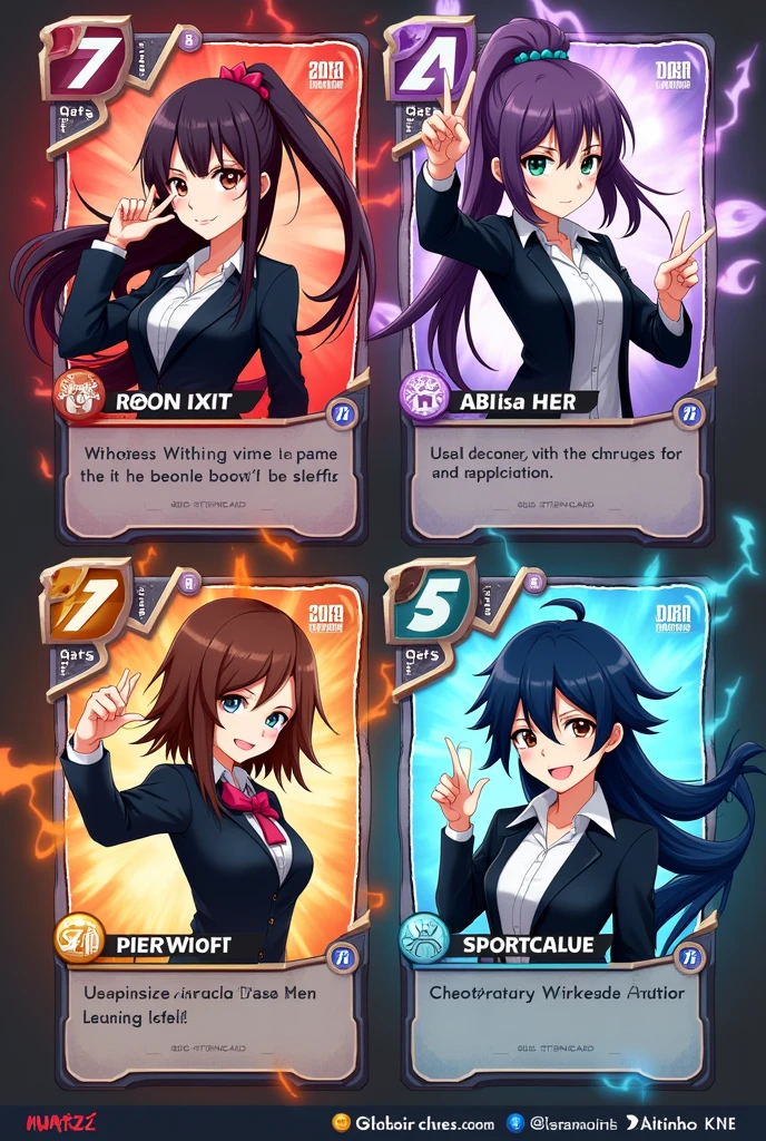 Create an image containing four cards for an anime card game, based on the following layout and visual example:
Character Image: In the center of each card, insert a detailed and colorful illustration of an anime character, with a striking look and in a dynamic pose, maintaining a realistic and vibrant art style.
Character's Name: Place the character's name at the top of the card, using a stylized font that matches the anime theme.
stats:
Attack: Place a box or icon in the top left corner for the attack value. Make the design visually distinct and easy to read.
defense: Melhore a posição do valor de defense, Like for example, centering it in the bottom left with a clear icon and design that highlights that statistic.
life: Adjust the health value to be in the bottom right corner, ensuring that the display is intuitive and eye-catching, with an icon that reinforces its importance.
Special ability: Improve the way special ability name and description are presented, perhaps highlighting the skill in the upper right corner with a different background that makes it easier to read and highlights its relevance.
Design and Style: The overall layout of the cards should have a stylized cartoon look., avoiding modern design or common patterns from other games. Use vibrant colors and graphic elements that complement the character art. Make sure the attack points, defense, life and special ability are organized clearly, harmonious and visually appealing.
Composition: Arrange the four cards so that each one is clearly visible and distinct in the image., ensuring an attractive and functional composition for an anime card game.