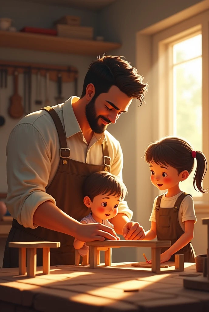 a young father who is making chairs for his children,with 2 child beside him
