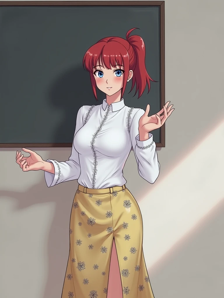 Colored female Saotome Ranma prototype, make a girl,Clear contours, Colorful full body photos, (Beautiful and delicate eyes), (pretty face:1.3), childish face, Red short hair with single ponytail, (Bangs), bumpy Bangs, blue gray eyes, big eyes，Full body image,  childish face, red long straight hair, (Bangs), bumpy Bangs, blue gray eyes, big eyes，White fitted long-sleeved shirt(細Floral及蕾絲邊),Yellow printed long skirt(actual:1.2),(Floral),  (actual:1.7),Face the camera head-on，Bend one foot slightly against the calf of the other leg，Make a Y gesture with your hands。