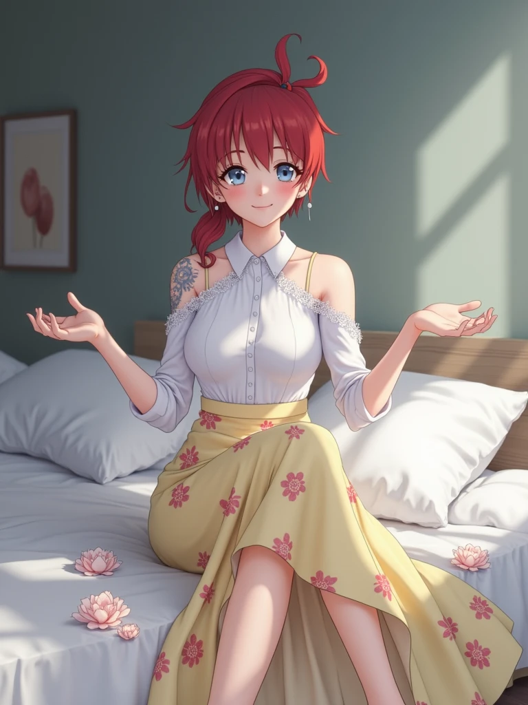 Colored female Saotome Ranma prototype, make a girl,Clear contours, Colorful full body photos, (Beautiful and delicate eyes), (pretty face:1.3), childish face, Red short hair with single ponytail, (Bangs), bumpy Bangs, blue gray eyes, big eyes,Full body image, childish face, red long straight hair, (Bangs), bumpy Bangs, blue gray eyes, big eyes,White fitted long-sleeved shirt(細Floral及蕾絲邊),Yellow printed long skirt(actual:1.2),(Floral), (actual:1.7),Face the camera head-on,Bend one foot slightly against the calf of the other leg,Make a Y gesture with your hands。