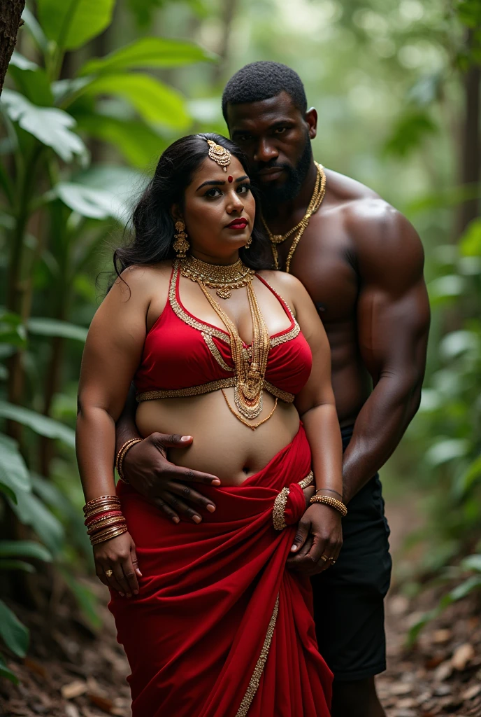 Indian Sexy Curvy milf women,with big boobs,big ass ,chubby face ,red mini transparent frock,Red Sindur ,Red bindi , Honeymoon red bangles,Stud chain earrings,Forehead Pendant ,Long gold Mangalsutra,4 gold Necklace, Diamond ear pin ,Gold Armlet,gold waist chain ,full photo, carry by a black muscular African muslim man on his Arm in a jungle,both are looking straight to camera for pose