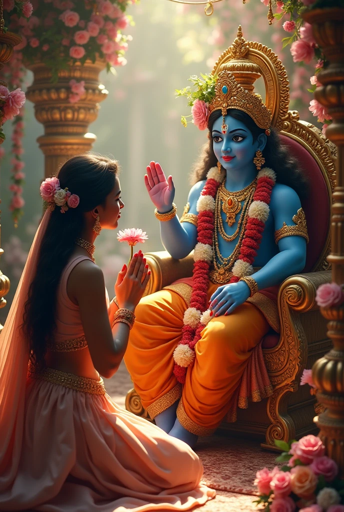 Make an image of lady worshiping lord krishna on his birthday 