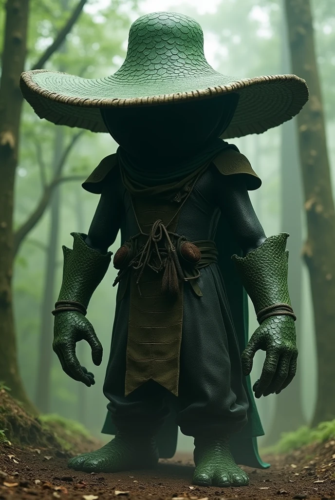 Colombian mythological character,Little man ,with big hands and giant feet ,He wears a very very very large hat that only allows you to see his feet and hands that cover his head and half of his body. His face and body cannot be seen because they are under the hat., wears green armored snake leather pants ,His weapon is a whip made of human skins