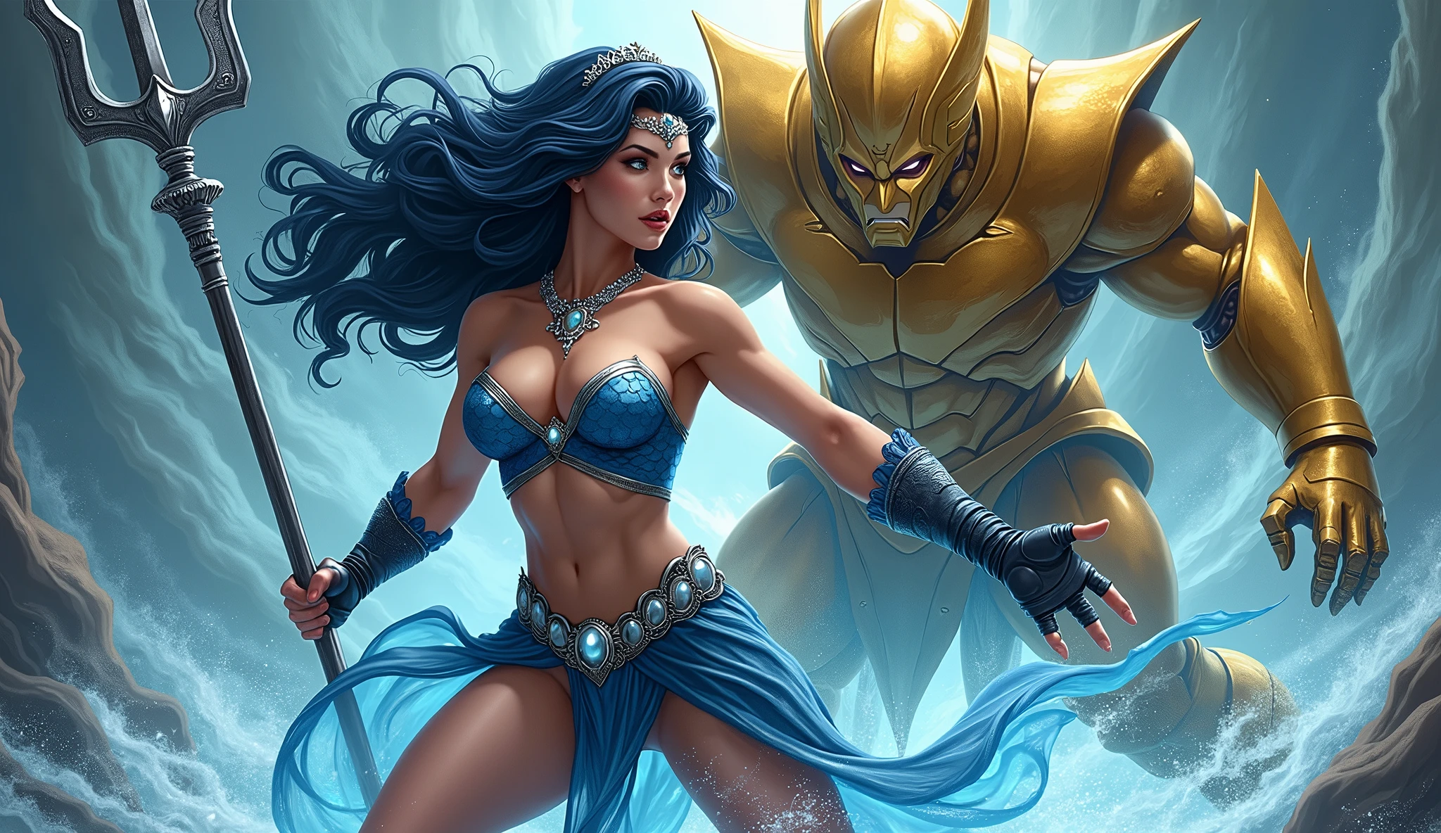 (Comic style, ed benes style) ( Masterpiece, 4k resolution, , very detailed) A beautiful sexy female superhero who is a demigoddess , blue/green eyes and navy blue hair. wears a silver tiara on her forehead , , She wears a blue outfit with a fish scale like texture sleeveless , she has bracelets that are silver, and has black boots with a glowing blue tint. a silver belt with a sea shell in the center, holding a trident (Oceania) ( ) (semi curly hair) (busty ad fit body) defeats a golden armored super villain