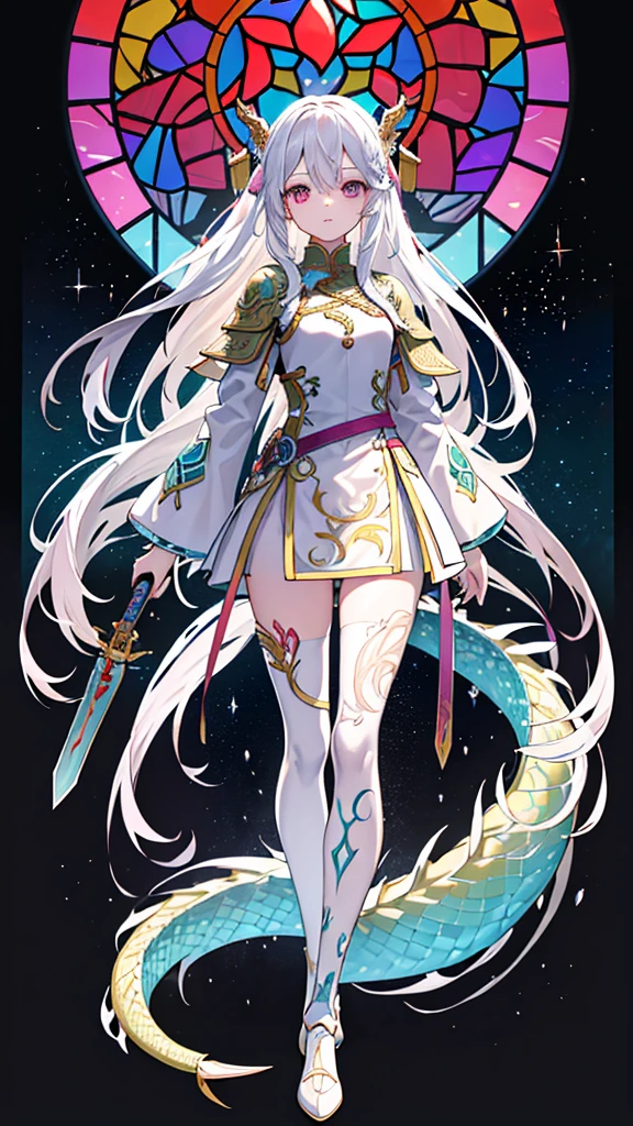 A girl with long white hair who gives the impression of being a little young。He wears full-body armor with a stained-glass-like design, made of intertwining rainbow-colored decorations that resemble parts of the bodies of dragons, insects, fish, and beasts.。In the hand、He is holding a translucent sword with detailed decorations.