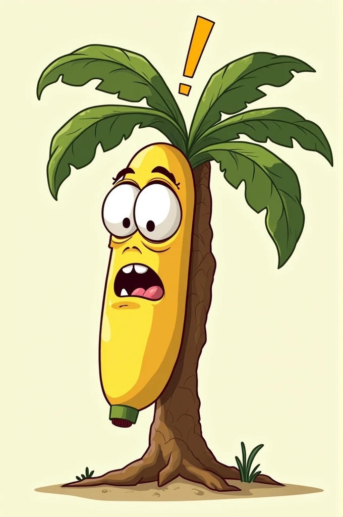 A cartoon illustration of an intimidated looking banana tree with big eyes and an exclamation mark