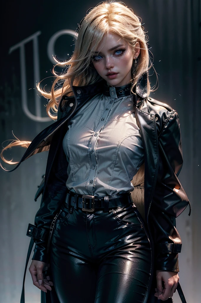 cowboy shot,a pretty 2 girl,blond hair,blue eyes,lora_Emma,slim athletic body,tight and stretched white blouse with buttons,button gap,short sleeves,ultra low rise black shiny latex pants,(double metal belt),empty studiobackground,((black coat on shoulders)),(best quality,4k,8k,highres,masterpiece:1.2),ultra-detailed,(realistic,photorealistic,photo-realistic:1.37),dramatic lighting,cinematic,fashion photography,studio lighting,high contrast,vivid colors,beautiful detailed eyes,beautiful detailed lips,extremely detailed eyes and face,long eyelashes, touching hair