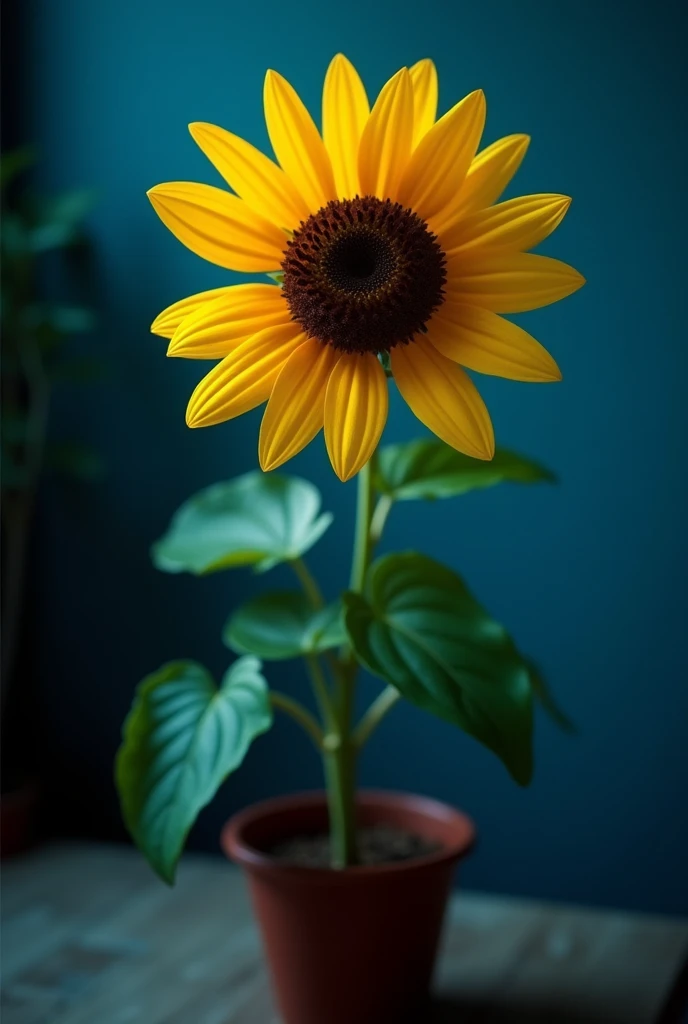 "An enchanting sunflower yellow flower, rendered in vivid detail using Unreal Engine 5. Captured in a cinematic composition from a low angle, showcasing the graceful motion blur and mesmerizing depth of field, held in a pot, placed in a room, dark blue background, high contrast, cinematic lighting