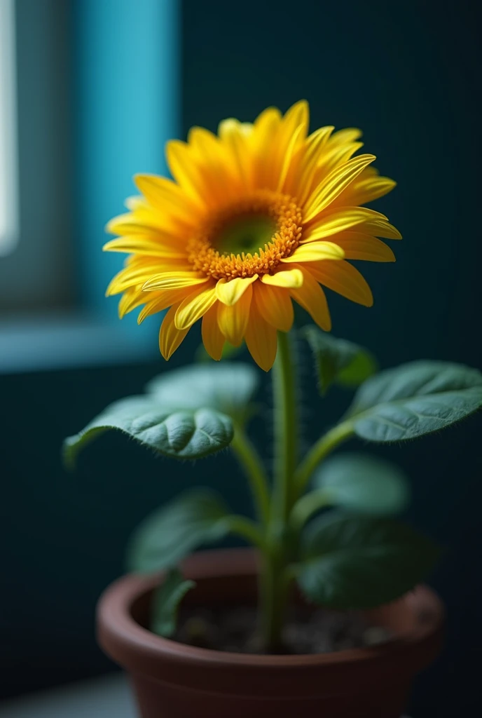 "An enchanting  sunflower yellow flower, rendered in vivid detail using Unreal Engine 5. Captured in a cinematic composition from a low angle, showcasing the graceful motion blur and mesmerizing depth of field, held in a pot, placed in a room, dark blue background, high contrast, cinematic lighting