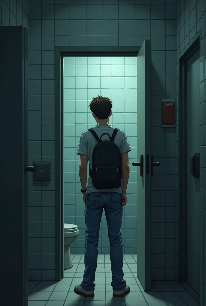 A male student standing at the toilet door
