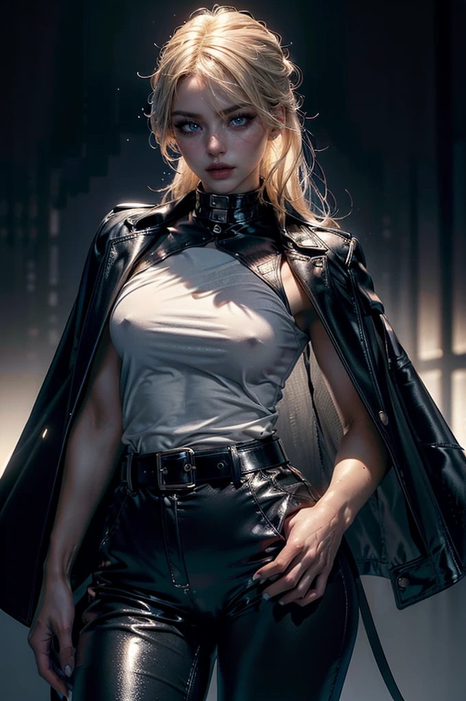 cowboy shot,a pretty 2 girl,blond hair,blue eyes,lora_Emma,slim athletic body,tight and stretched white blouse with buttons,button gap,short sleeves,ultra low rise black shiny latex pants,(double metal belt),empty studiobackground,((black coat on shoulders)),(best quality,4k,8k,highres,masterpiece:1.2),ultra-detailed,(realistic,photorealistic,photo-realistic:1.37),dramatic lighting,cinematic,fashion photography,studio lighting,high contrast,vivid colors,beautiful detailed eyes,beautiful detailed lips,extremely detailed eyes and face,long eyelashes, touching hair