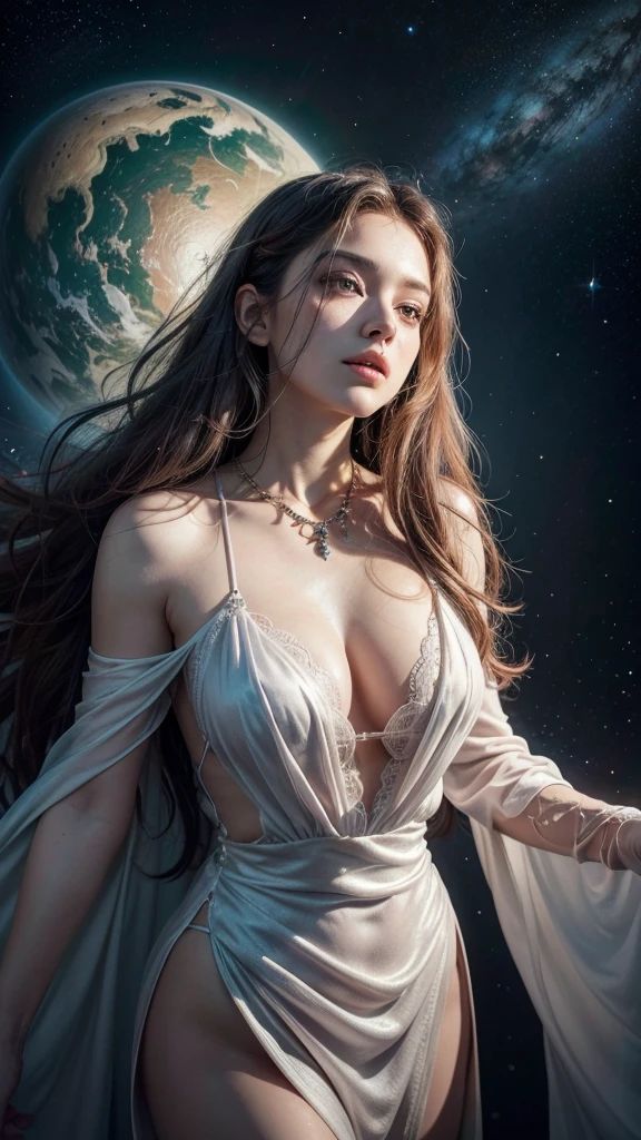 Create a meticulously detailed, hyper-realistic oil painting featuring a voluptuous bohemian woman standing gracefully against a stunning cosmic backdrop. The central figure is adorned with striking green eyes and long, jet-red hair that cascades in loose waves, accentuating her fair complexion and delicate freckles. Her expression is contemplative, capturing a moment of deep thought and introspection.

She wears a flowing white satin two-piece dress that features a plunging neckline, emphasizing her elegant and free-spirited style. The dress drapes beautifully, with its lustrous fabric catching the light and creating a sense of movement. Her attire is accessorized with a delicate necklace and various boho-inspired jewelry pieces, including intricate bangles and layered rings, which add to her ethereal and artistic allure.

In the background, a captivating depiction of futuristic cosmic art fills the canvas. To the right side, a large, cloudy blue-green planet dominates the scene, its surface detailed with subtle textures and veined with luminous streaks. Surrounding the planet are vibrant, swirling colors of purple, pink, and blue, representing the vast and mysterious cosmos. These swirling hues blend seamlessly, creating an otherworldly atmosphere that contrasts beautifully with the serene and grounded presence of the woman.

The lighting in the painting is dramatic, with soft, diffused light highlighting the woman’s features and the shimmering quality of her satin dress. The cosmic backdrop is illuminated with vibrant and dynamic colors, enhancing the sense of depth and the dreamlike quality of the scene. The interplay of light and shadow emphasizes the textures and details of both the woman and the cosmic elements, adding a three-dimensional quality to the painting.

The overall composition is rich and visually captivating, combining realistic detail with a fantastical and ethereal ambiance. The focus on the woman's expressive features and the stunning cosmic
