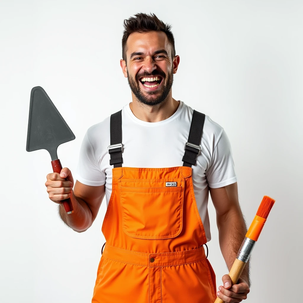 Brutal Smiling Man in White T-shirt and Orange Construction Overalls, holds a triangular construction spatula in one hand, in another one, an orange paint brush, Studio Photography, studio lighting, realistic skin texture and detail, the man stands slightly sideways, background white uniform, The photo was taken from the waist up