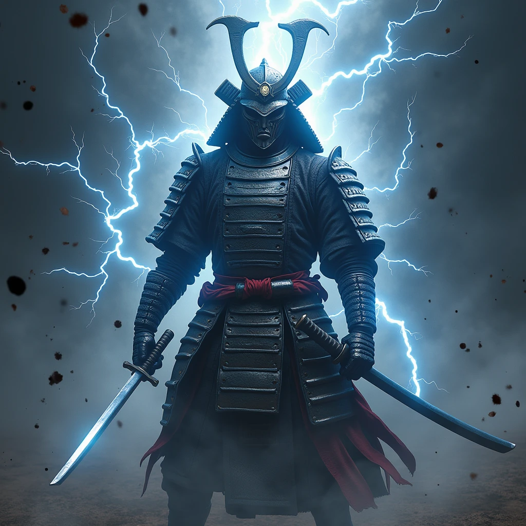 Pour créer l'image réaliste comme une photographie, imaginez un guerrier, vêtu d'une armure de samouraï brillante, une casque démoniaque qui raconte son passé. Il tien un katana japonai. Autour de lui, de l'électricité enveloppe son corps qui accentuent sa présence unique et puissante. L'arrière-plan contient son nom " Grey " en lettre gothique, dans un univers chaotique. Cette composition évoque à la fois la force et la singularité de ce personnage fascinant.