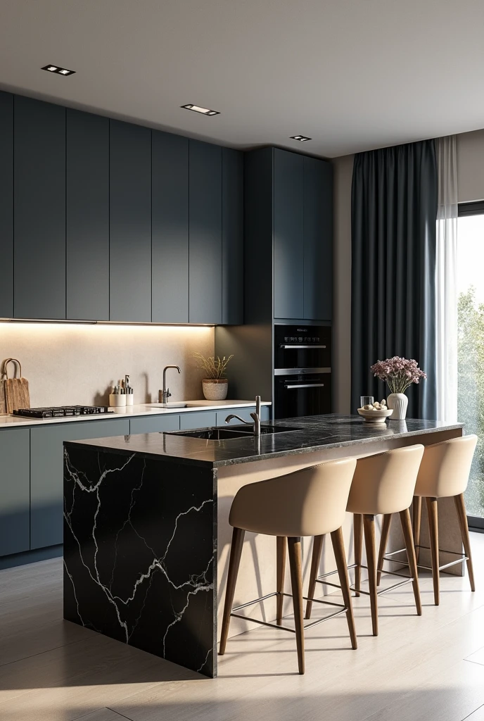 Professional 3d architecture rendering design of modern kitchen with So dark blue vintage and dark beige and dark gray and modern so light beige design chairs shiny black marble island island and modern windows and complete showing kitchen