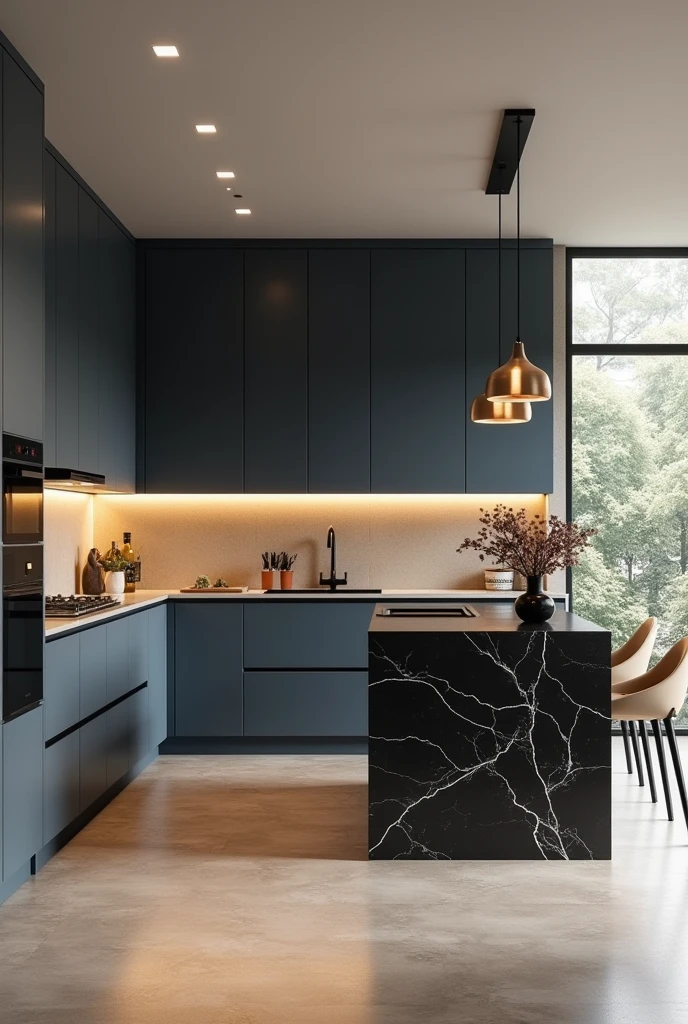 Professional 3d architecture rendering design of modern kitchen with   So dark blue vintage and dark beige  and dark gray and  modern  so light beige design chairs  shiny  black   marble island island and modern windows and complete showing kitchen 