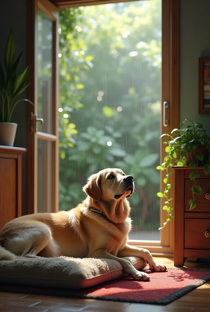 Dog in house and raing in garden  in 16:9 ratio 
