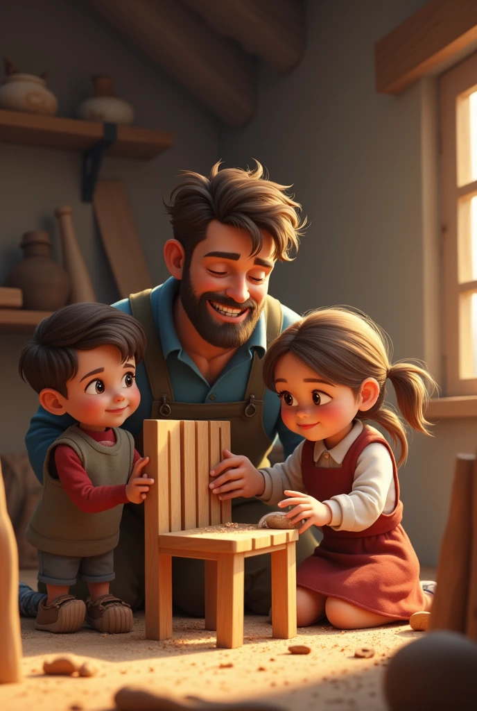 (photorealism:1.2),a young father who is making chairs for his children,and 2 child is there