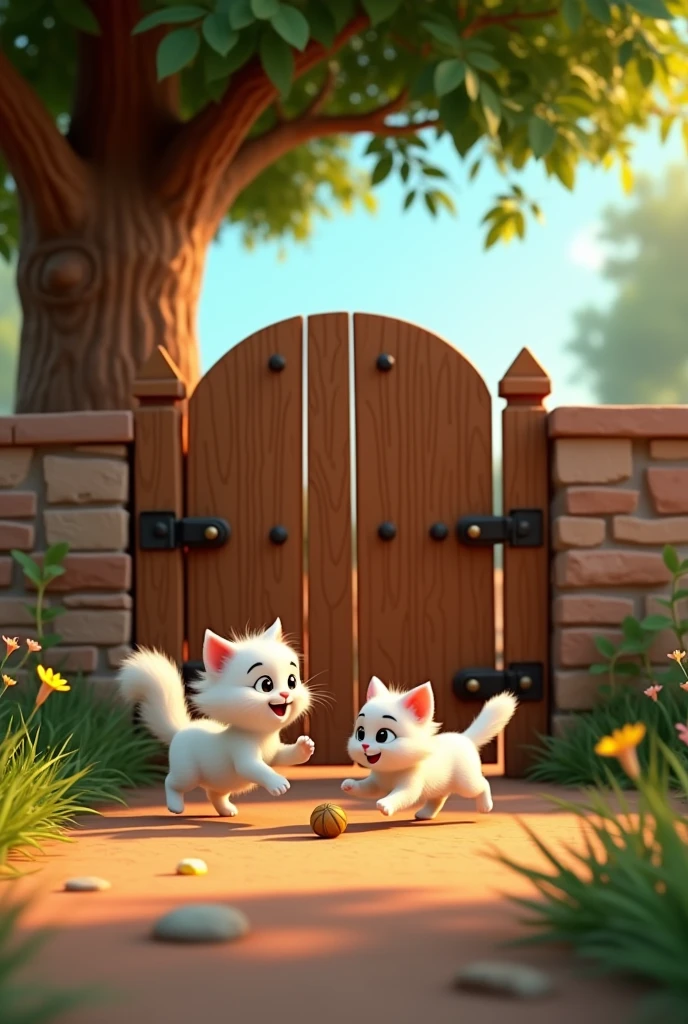 Moti a brown gate and Sona white cat Playing Together: A joyful scene of Moti and Sona running around a tree or chasing a small ball, both with happy, playful expressions. Pixar style
