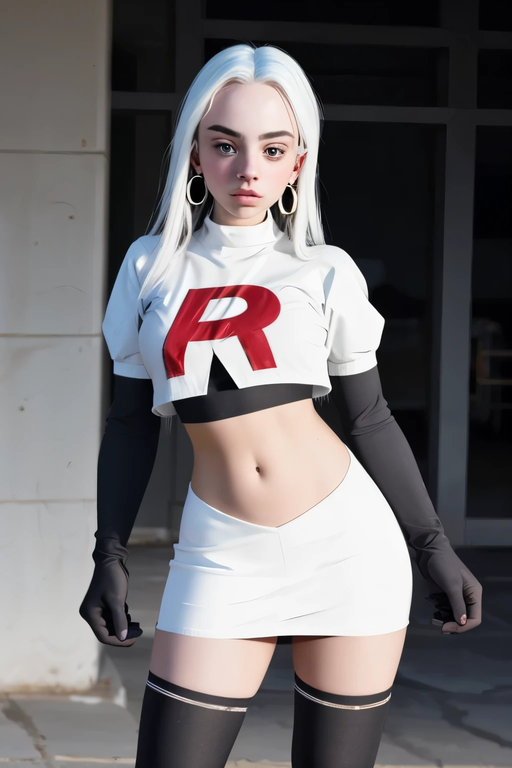 The face of billie eilish, 1girl, solo, team rocket,team rocket uniform,white skirt,red letter R,crop top,black thigh-highs,black elbow gloves, earrings, large breasts,